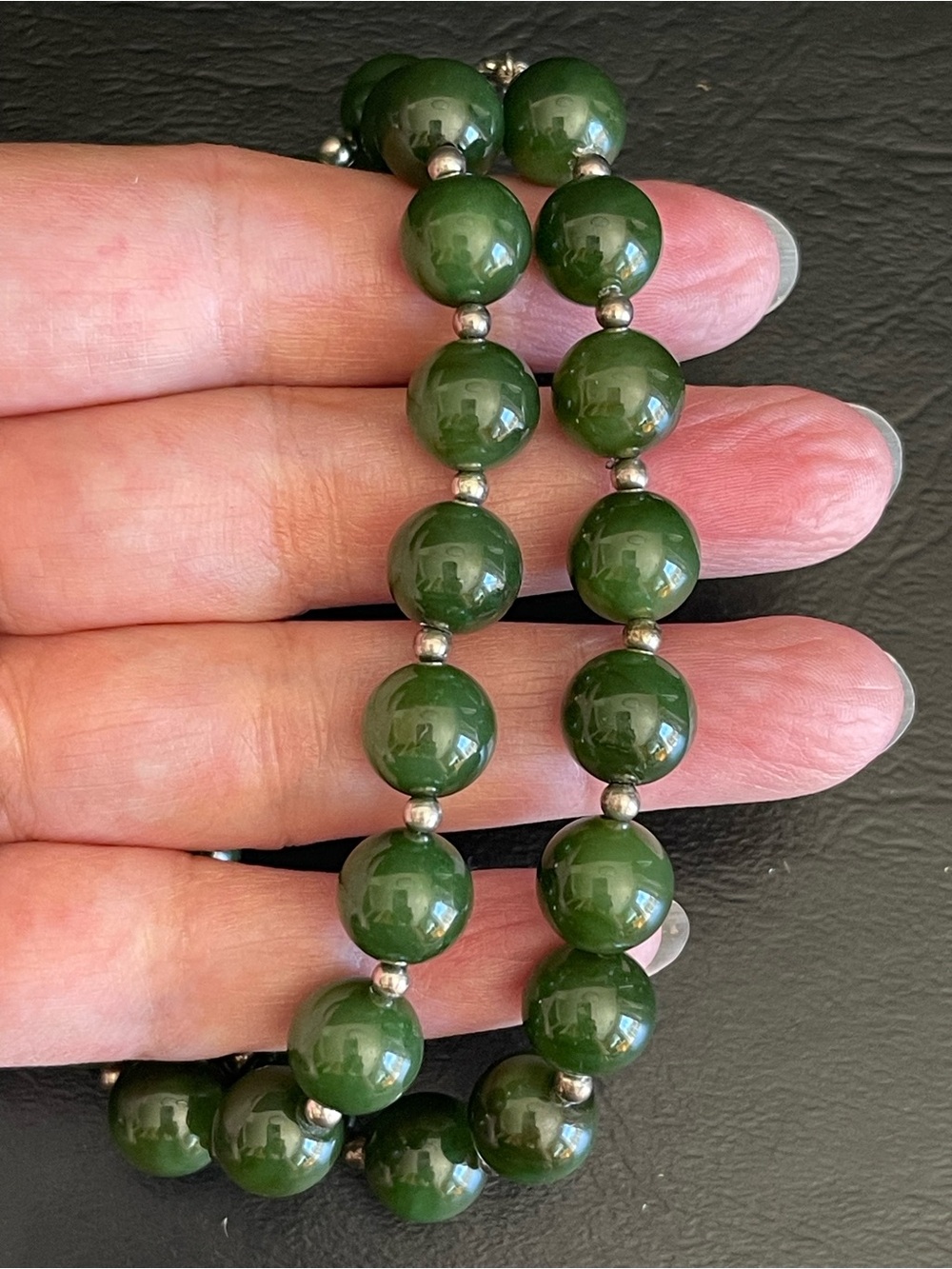 925 Sterling silver genuine nephrite green jade beaded necklace.